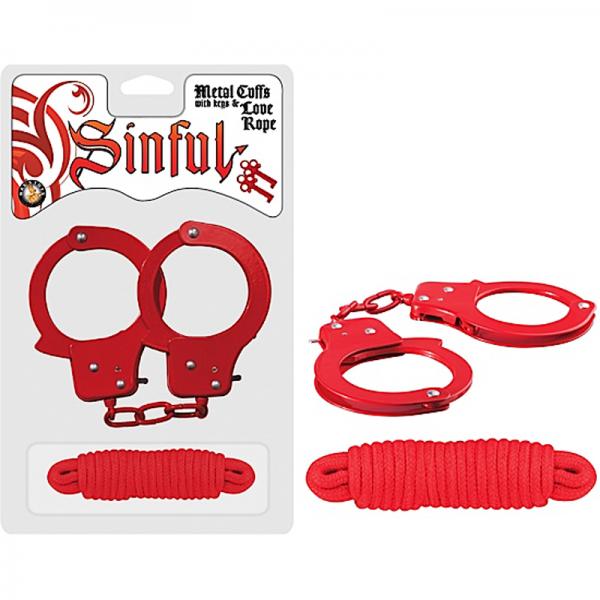 Sinful Metal Cuffs W/keys & Love Rope Red